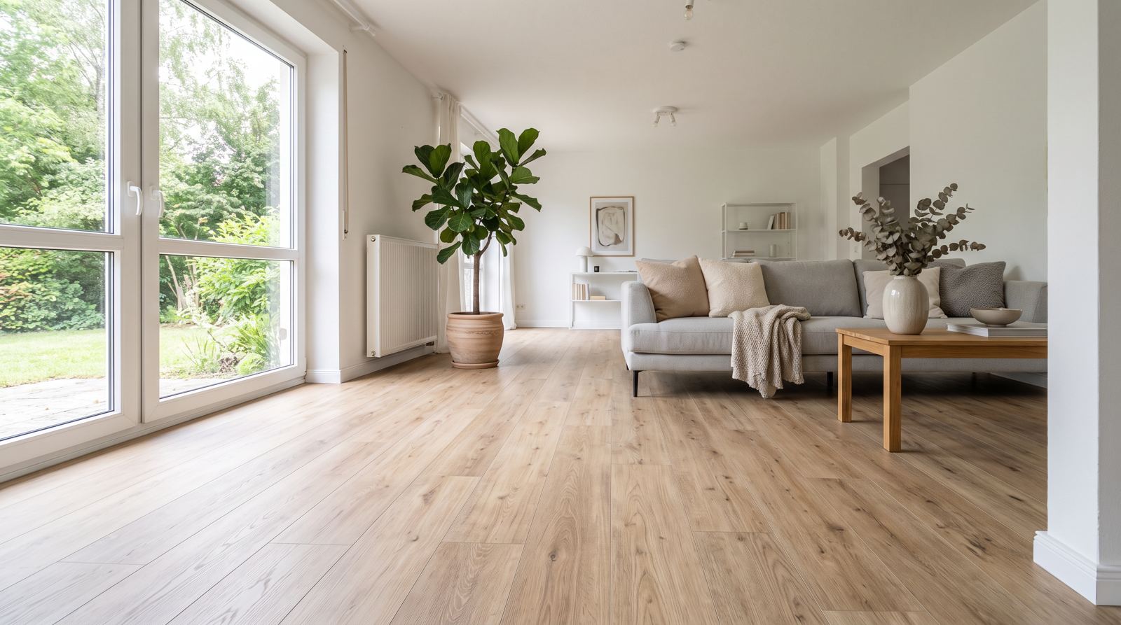 Wohnzimmer mit neuem Vinylboden in Eichenoptik