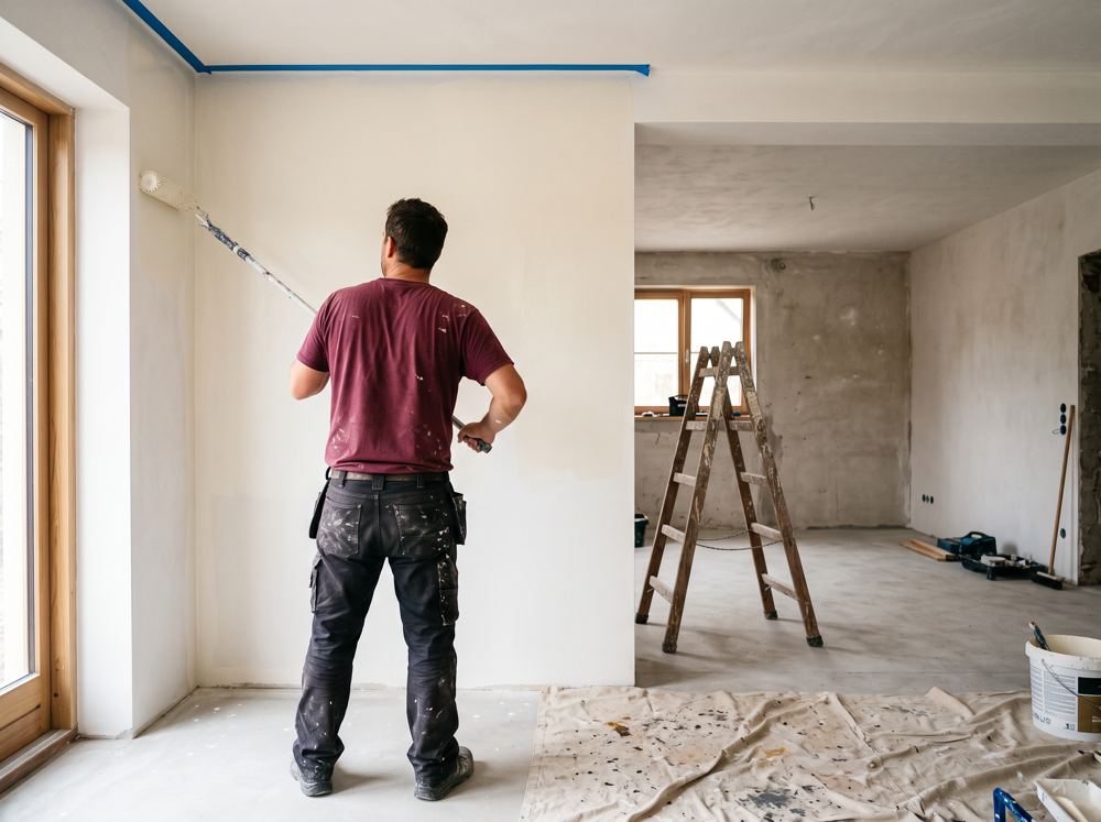 Maler rollt Farbe an eine Wand